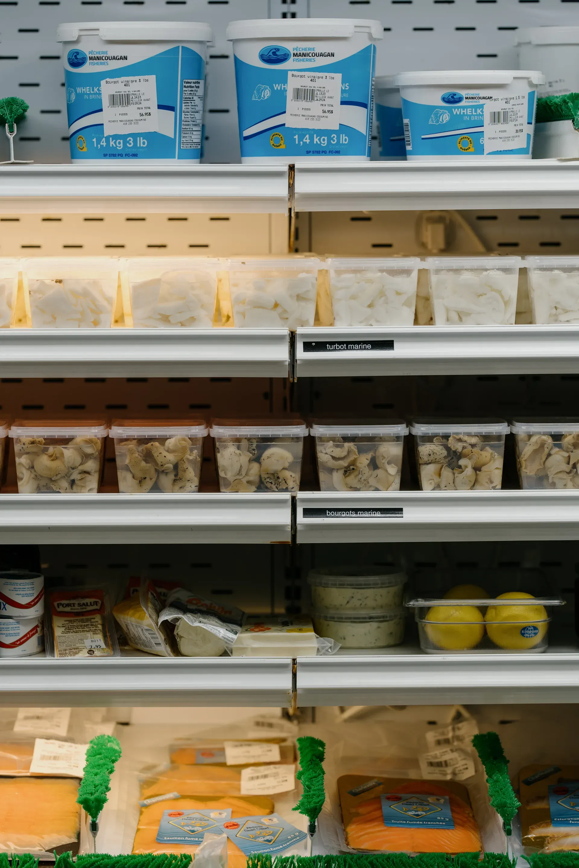 Étagère de produits, turbot et bourgot marinés