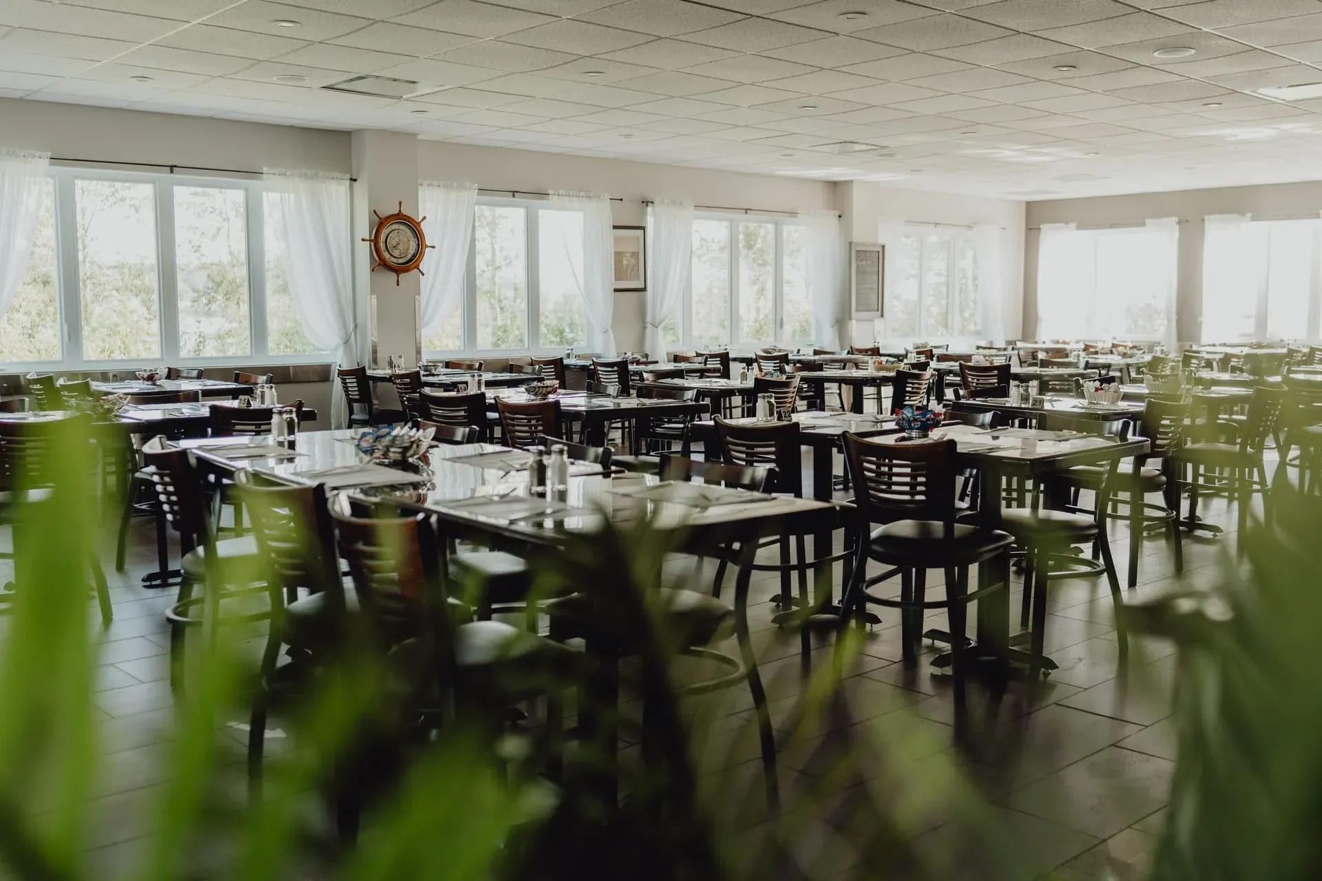 Dining room of the Pêcherie Manicouagan seafood restaurant in Les Escoumins, overlooking the St. Lawrence River