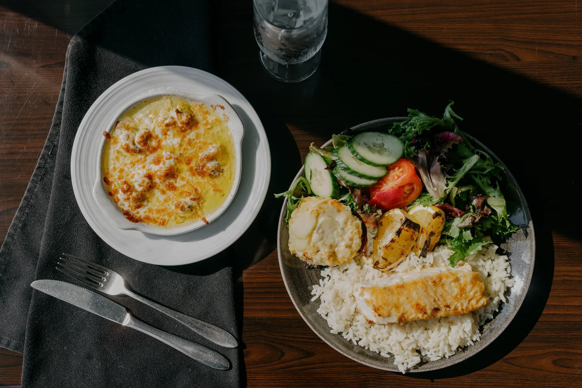 Overhead view of seafood dishes served at table, Les Escoumins Fish Market recipes