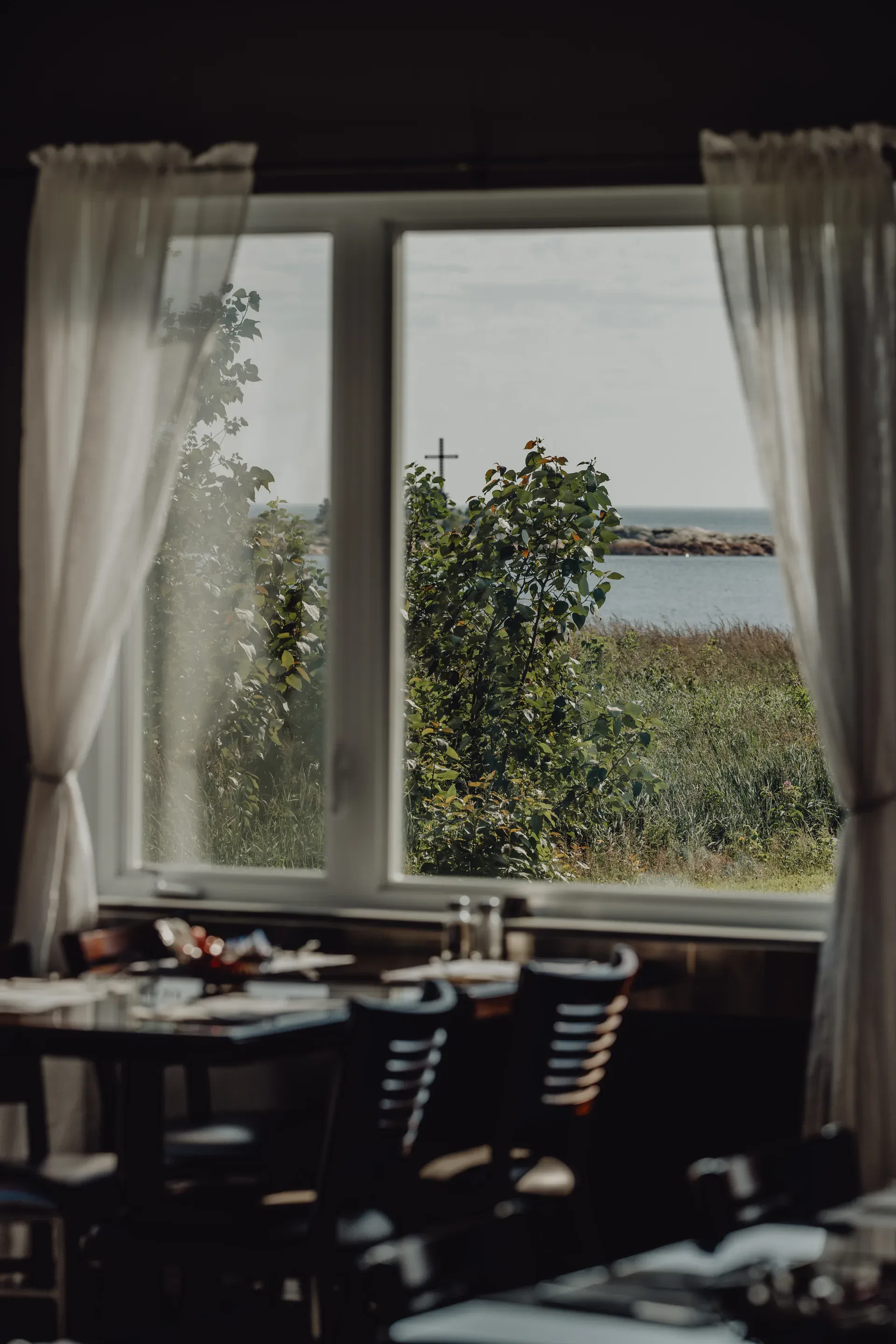 View of the St. Lawrence River from the dining room of the Les Escoumins restaurant